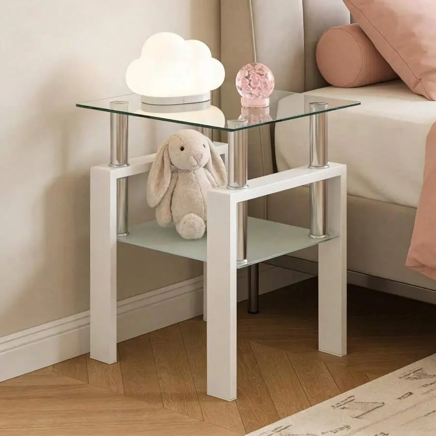 Glass Side Table 2-Tier Modern Glass Top Corner Table Living Room Side Table With Metal Leg For Living Room, Dining Room, Bedroom,Adjustable,Mobile,Standing,entryway,gaming,desk,office,,affordable,vanity,,coffee,set