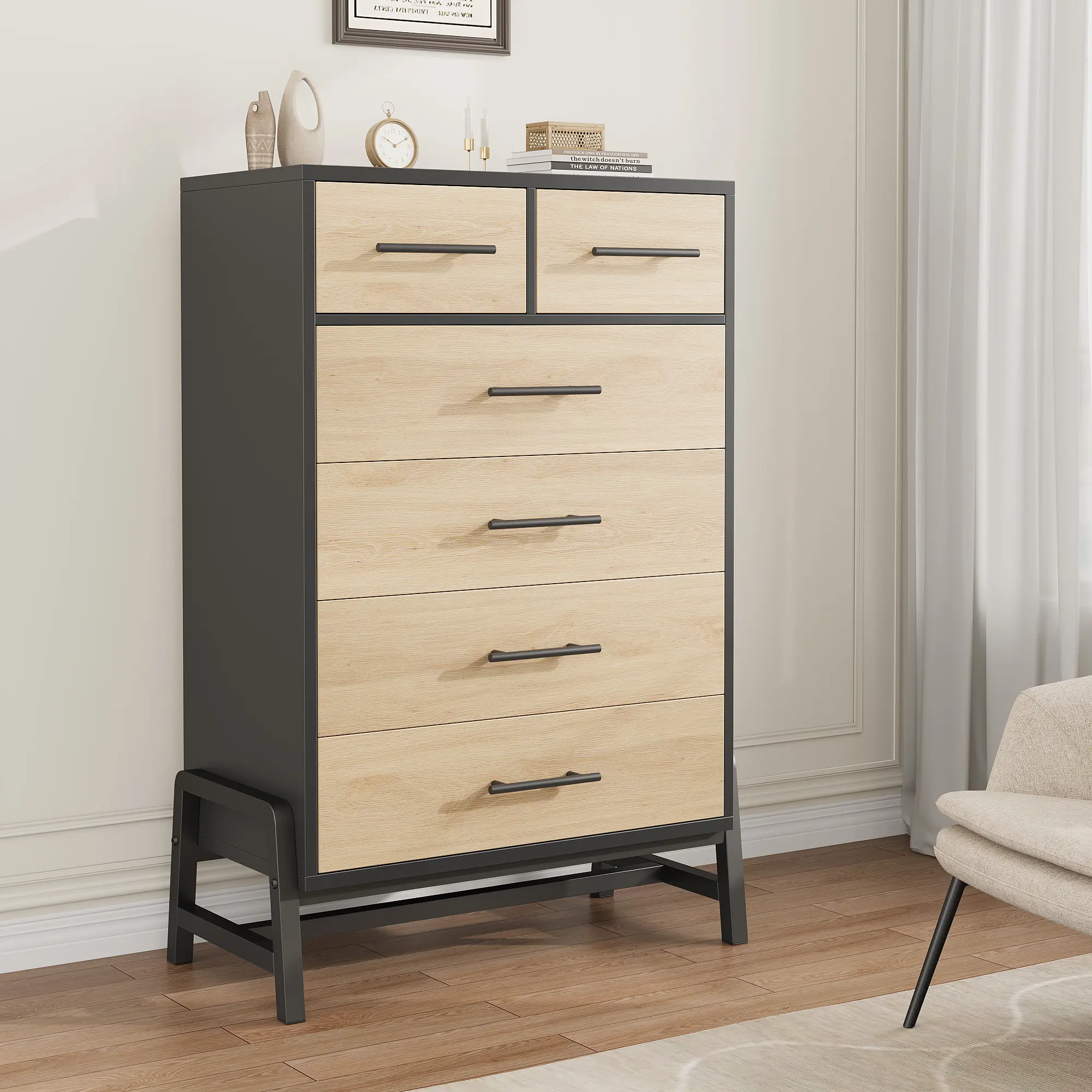 Tall 6-Drawer Entryway Storage Cabinet – Freestanding Natural Oak Organizer, Multi-Drawer Modern Chest for Bedroom, Living Room or Office – Sleek Space-Saving Design