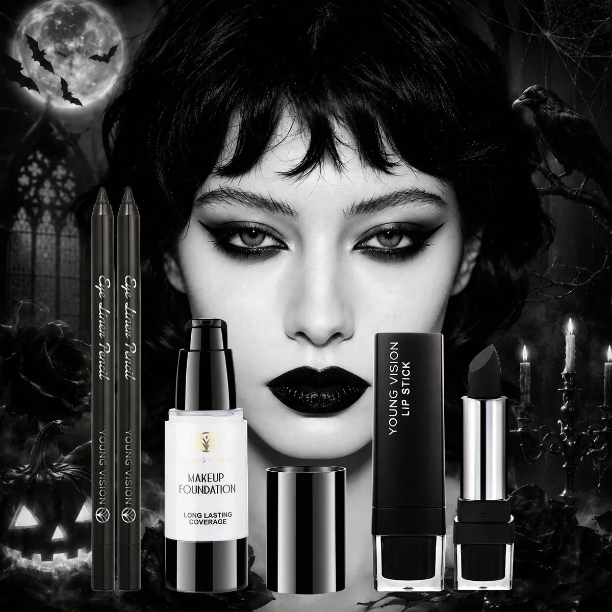 Gothic Halloween 4-Piece Facial Makeup Set, Black & White - Flawless Smooth Lightweight Coverage White Matte Concealer Foundation, Black Moisturizing Velvet Lipstick, 2 Matte Waterproof Eyeliners & Eyeshadow Sticks