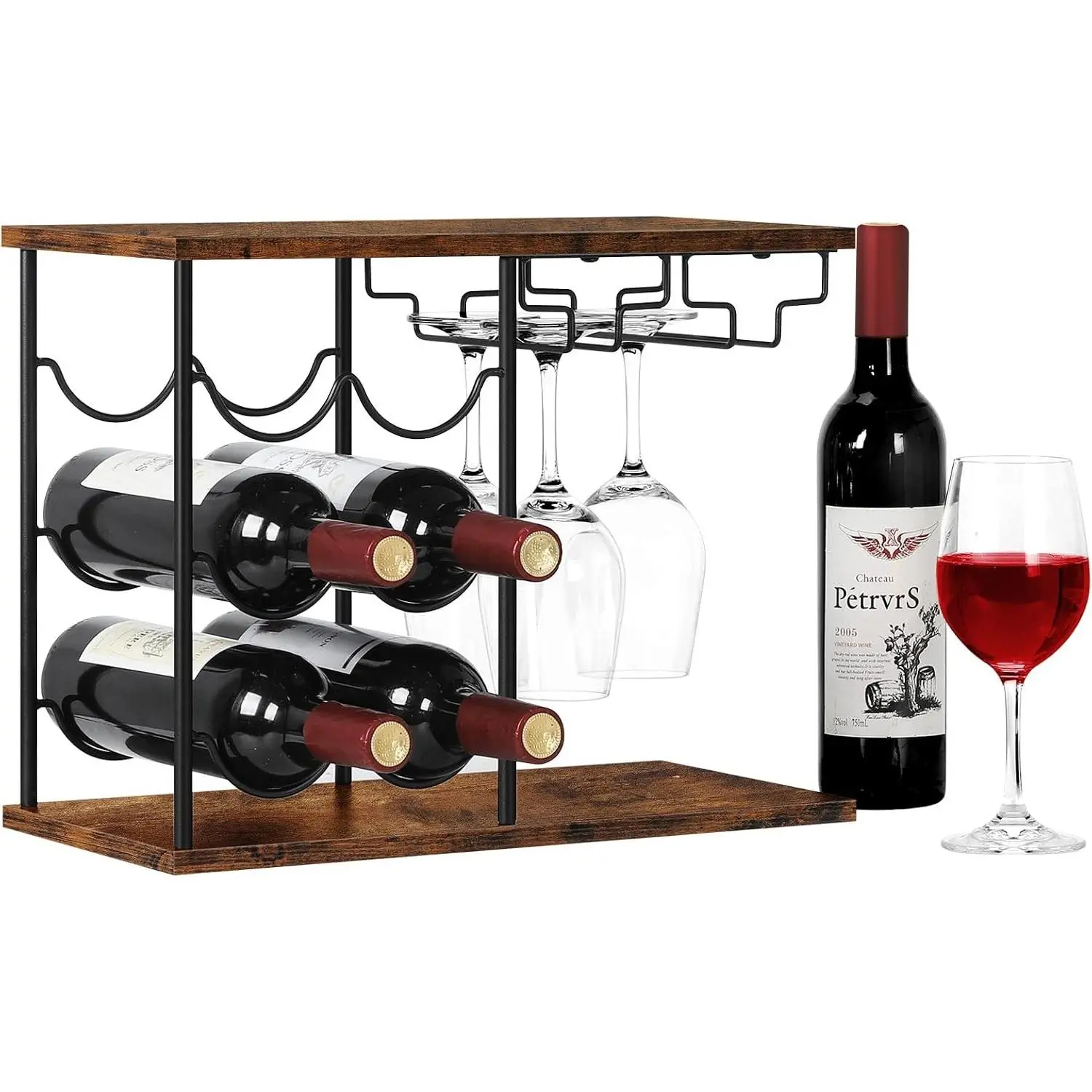 Wine Racks Countertop, Modern Wine Bottle Holder for Home Kitchen | Hold 6 Bottles and 4 Wine Glasses, Freestanding Wine Rack for Bar, Wine Cellar, Cabinet