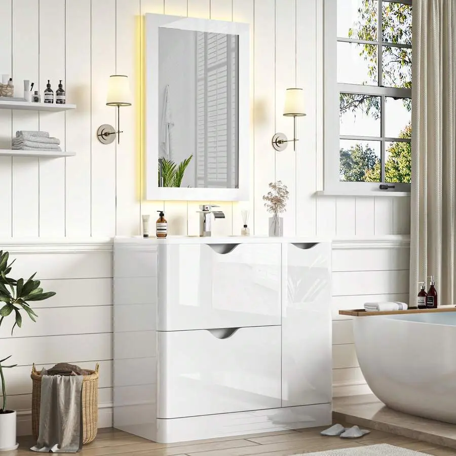 24/36 Inch Bathroom Vanity Set With Sink, Mirror & Faucet - Modern - Gloss Freestanding, 2 Drawers, Ceramic Cabinet