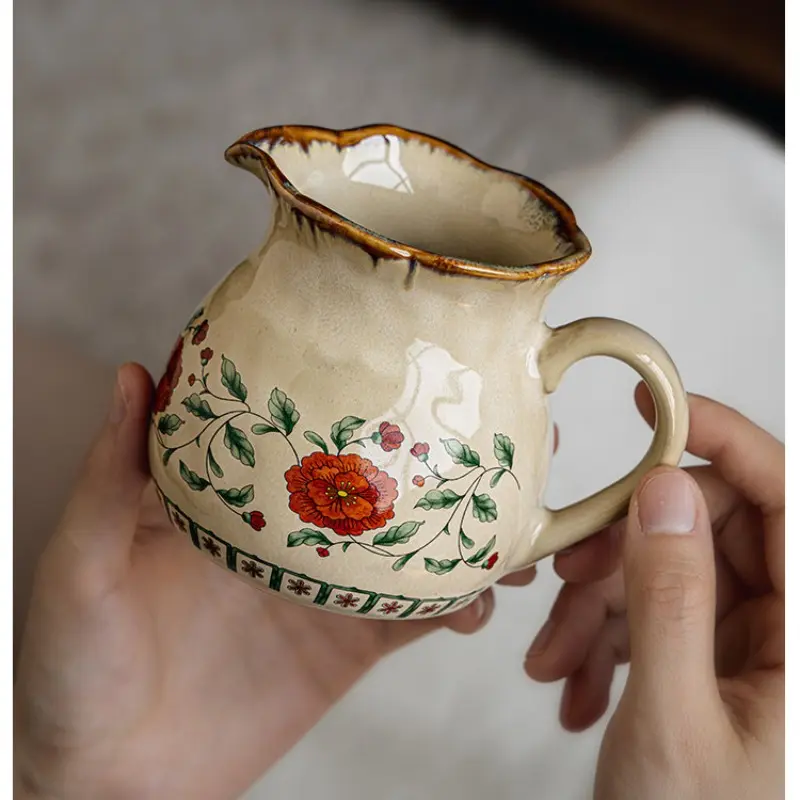 Peony Ceramic Milk Jug, 350ML Capacity, Ideal for Home Use, Kitchenware, Sauce Bottle, Breakfast Companion, Single Serving, Durable Design