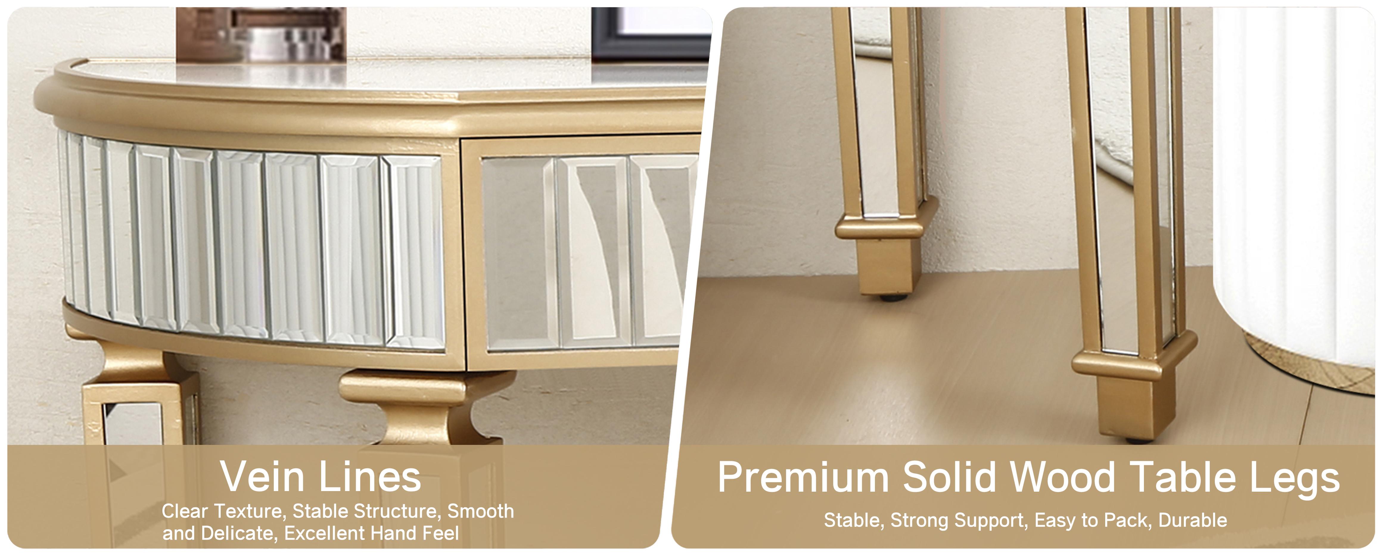 47" Half-Moon Mirrored Console Table with Fluted Glass & Crystal Knob Drawer - Silver Entryway Vanity Desk for Bedroom/Dressing Room(Gold+Sliver)