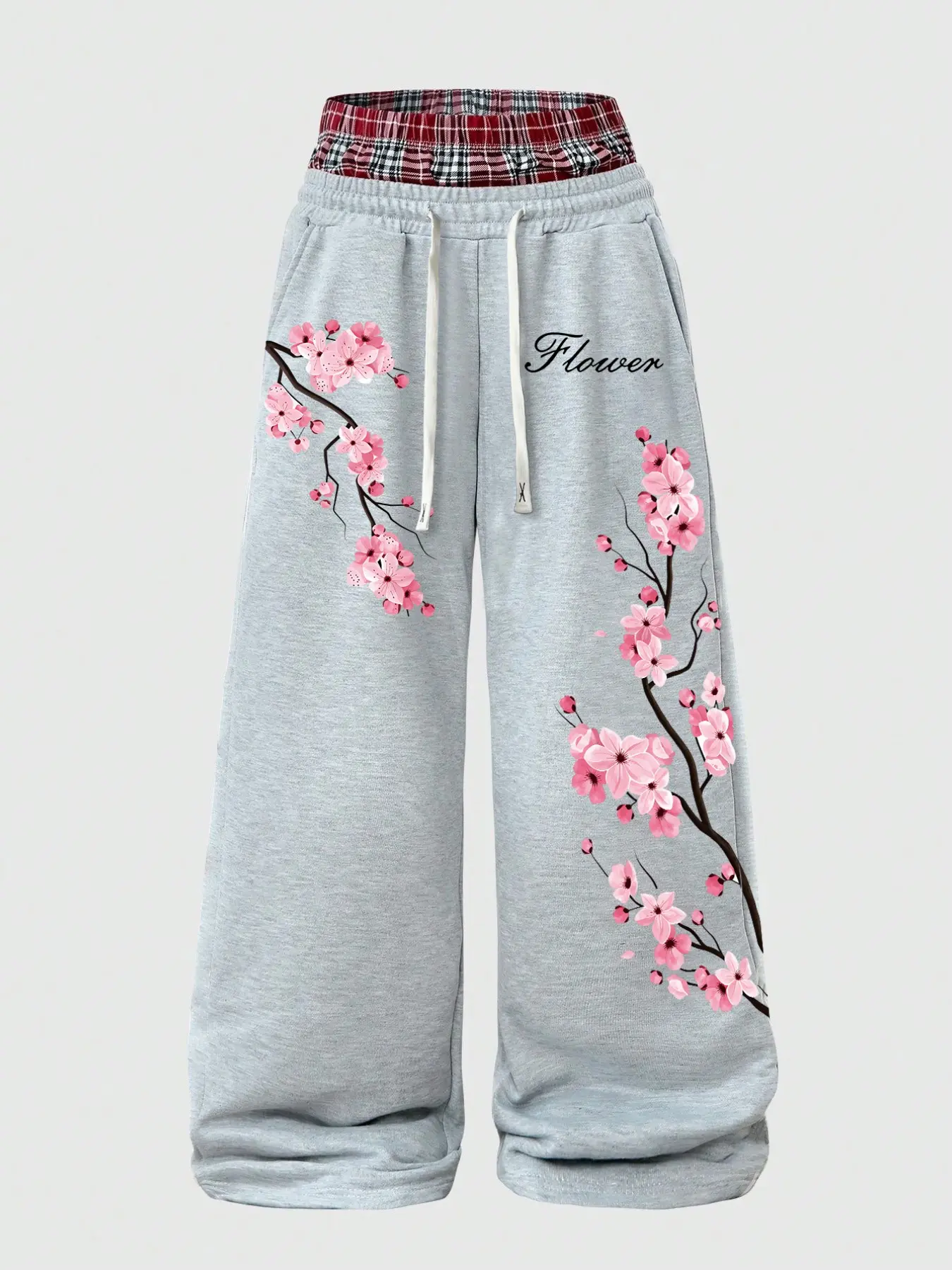 Unisex High-Waisted Wide-Leg Baggy Casual Sweatpants, Elastic Drawstring Plaid Double Layer Waist, Cherry Blossom Print, Streetwear Long Pants