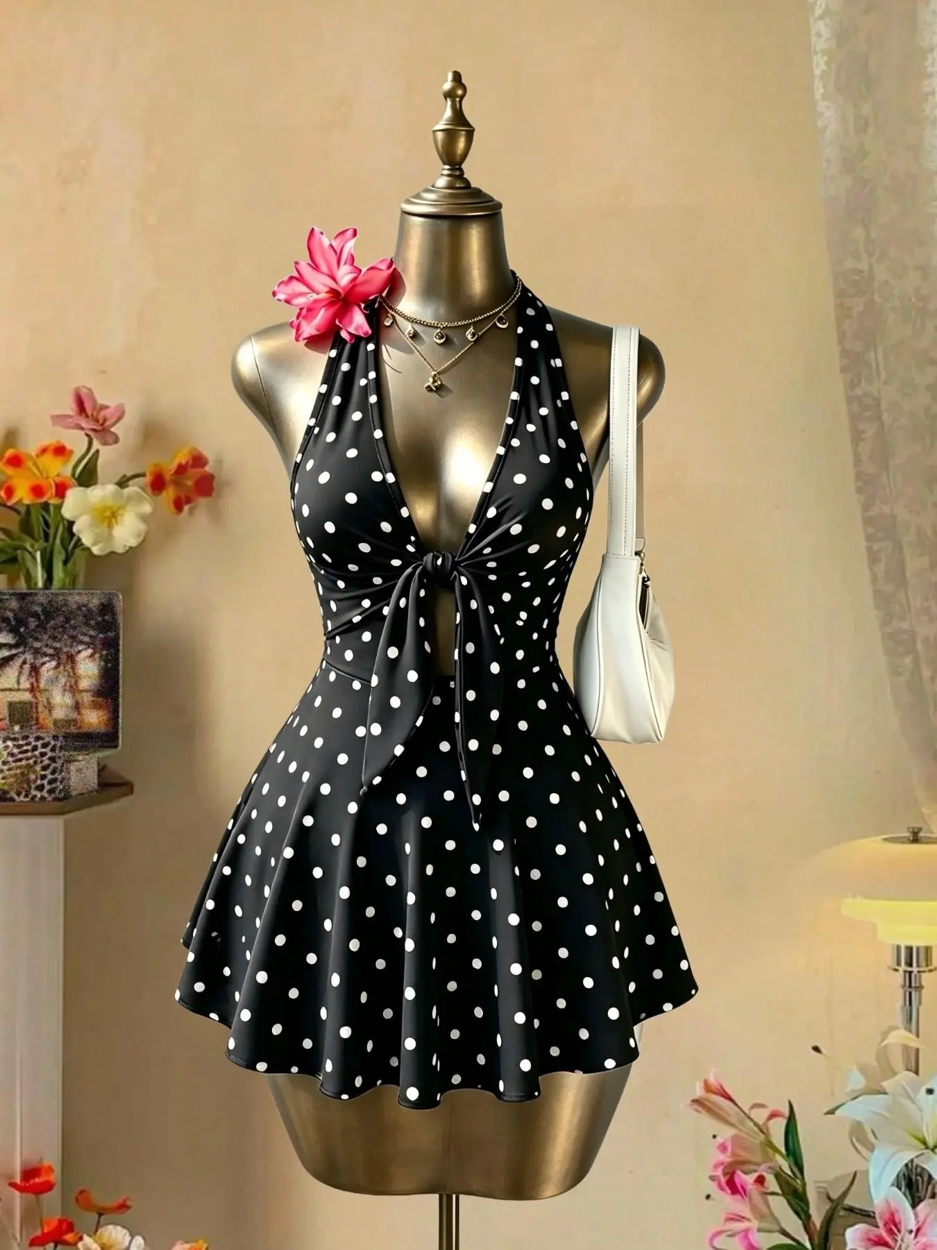 Sexy Halter Deep V Neck Hollow Out A-Line Dress, Summer Streetwear Short Dress, Trendy Single Piece, Perfect for Casual