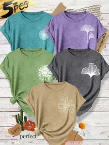 Five-Pack Women's Round Neck T-Shirts, Simple Ginkgo Daisy Print, Soft Fabric, Casual Spring Summer Top