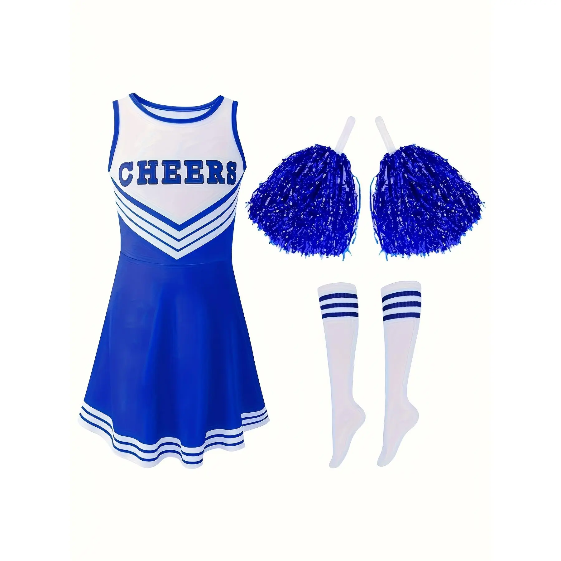 3 Pcs Girls Cheerleader Dress with Pom Poms& Socks- High School Cheerleading Outfit, Sleeveless Dress with Flared Skirt & Lettered CHEER Squad Design, Machine Washable for Sports Games, Halloween, Birthday Parties & Cheer Competitions
