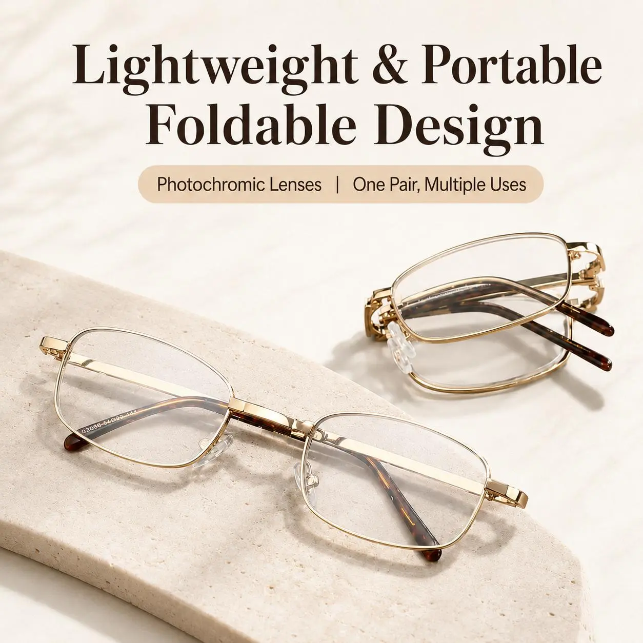Unisex Photochromic Foldable Lens Reading Glasses - Metal Frame, Blue Light Filtering, Fixed Strength, Screen/Reading Daily Use Glasses (1 Pair), One Pair