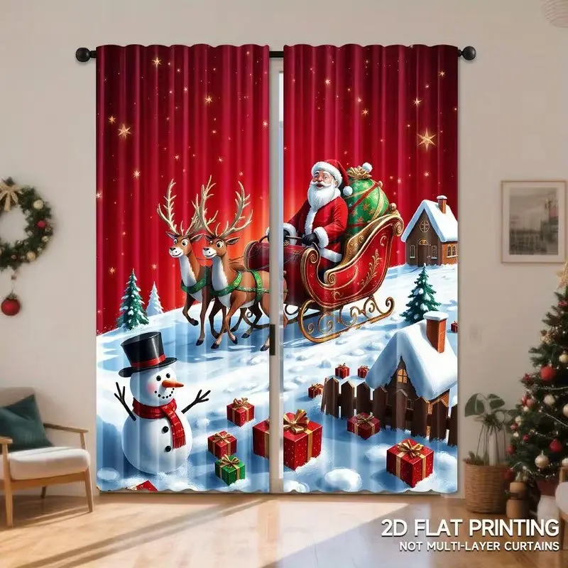 2-piece Christmas curtain set, featuring a vintage design with Santa Claus and reindeer patterns, crafted from semi-transparent polyester material. These curtains are machine-washable and are ideal for decorating living rooms and bedrooms.