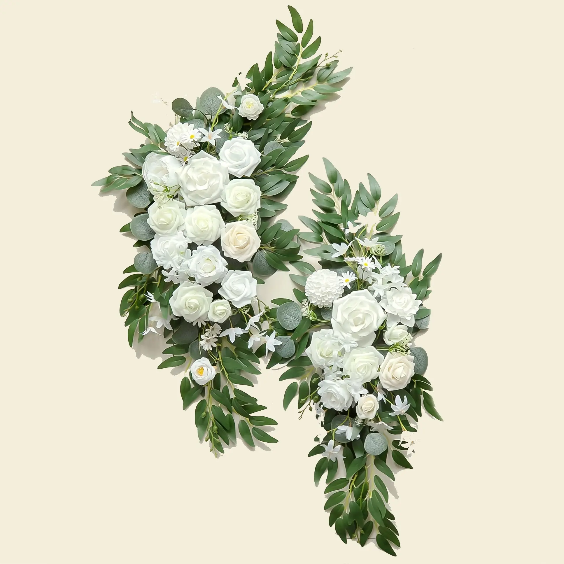 2 Pcs Elegant White Artificial Flower Wedding Floral Swags, Realistic Roses with Greenery, Decorations for Wedding Arch, Backdrop, Ceremony, Engagement Party, Valentine's Day & Mother's Day, Decorative Flowers