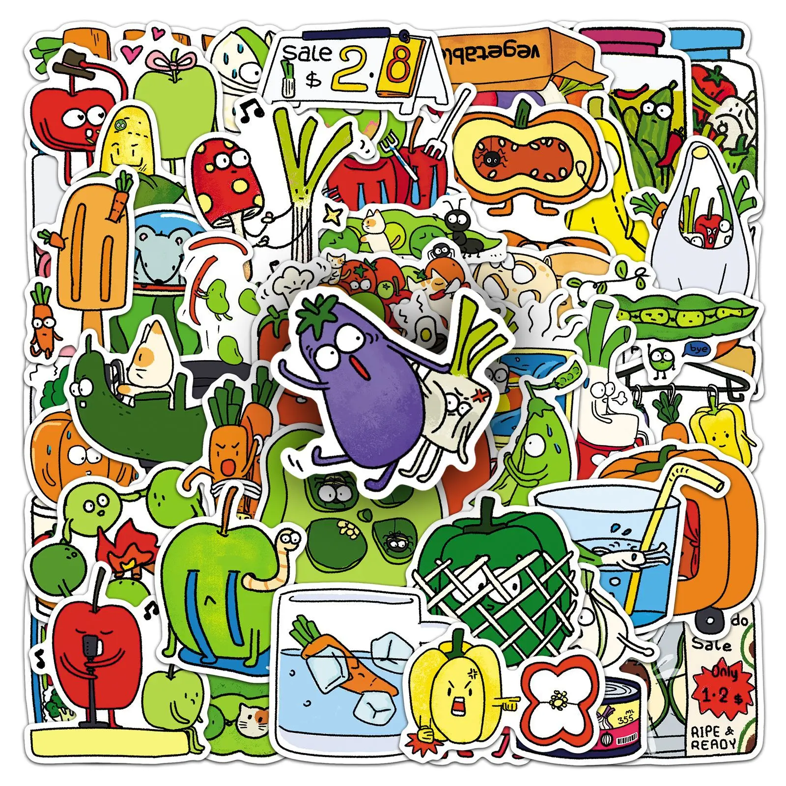 50Pcs Cartoon Anthropomorphic Vegetable Fruit Stickers, Funny Cute Produce Character Decals, Great Gift for Food Lovers, Decor for Water Bottle, Laptop, Suitcase, Planner