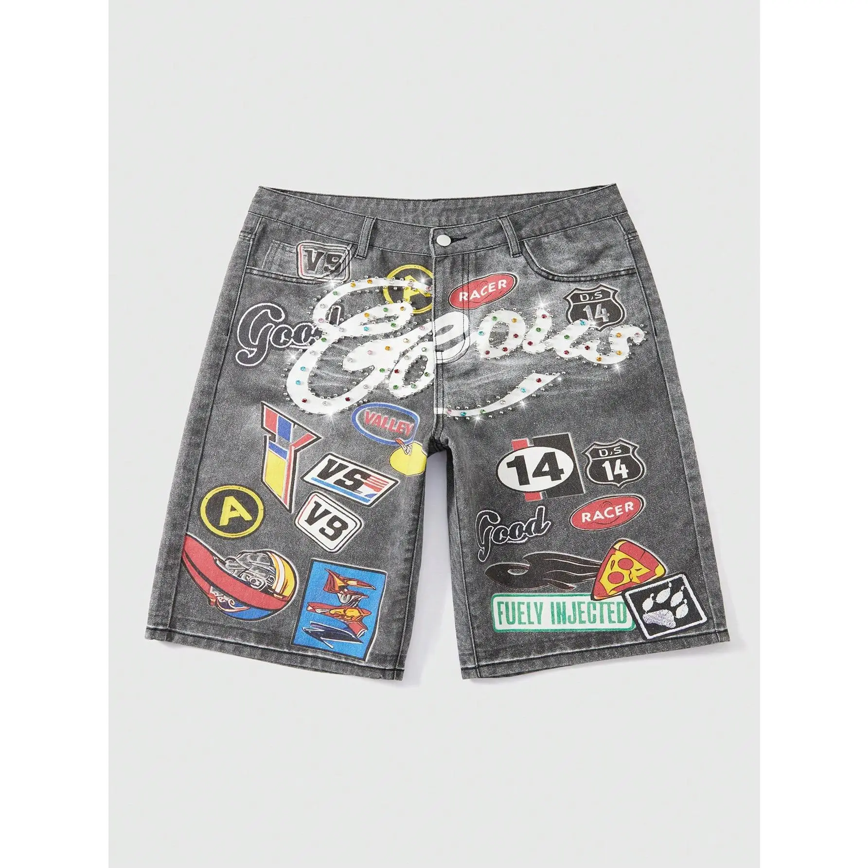 Men's Denim Graphic Shorts - Menswear Casual Clothes, Letter Print, Rhinestone Decor, Classic Relaxed Fit, Breathable Fabric, Machine Washable for Summer