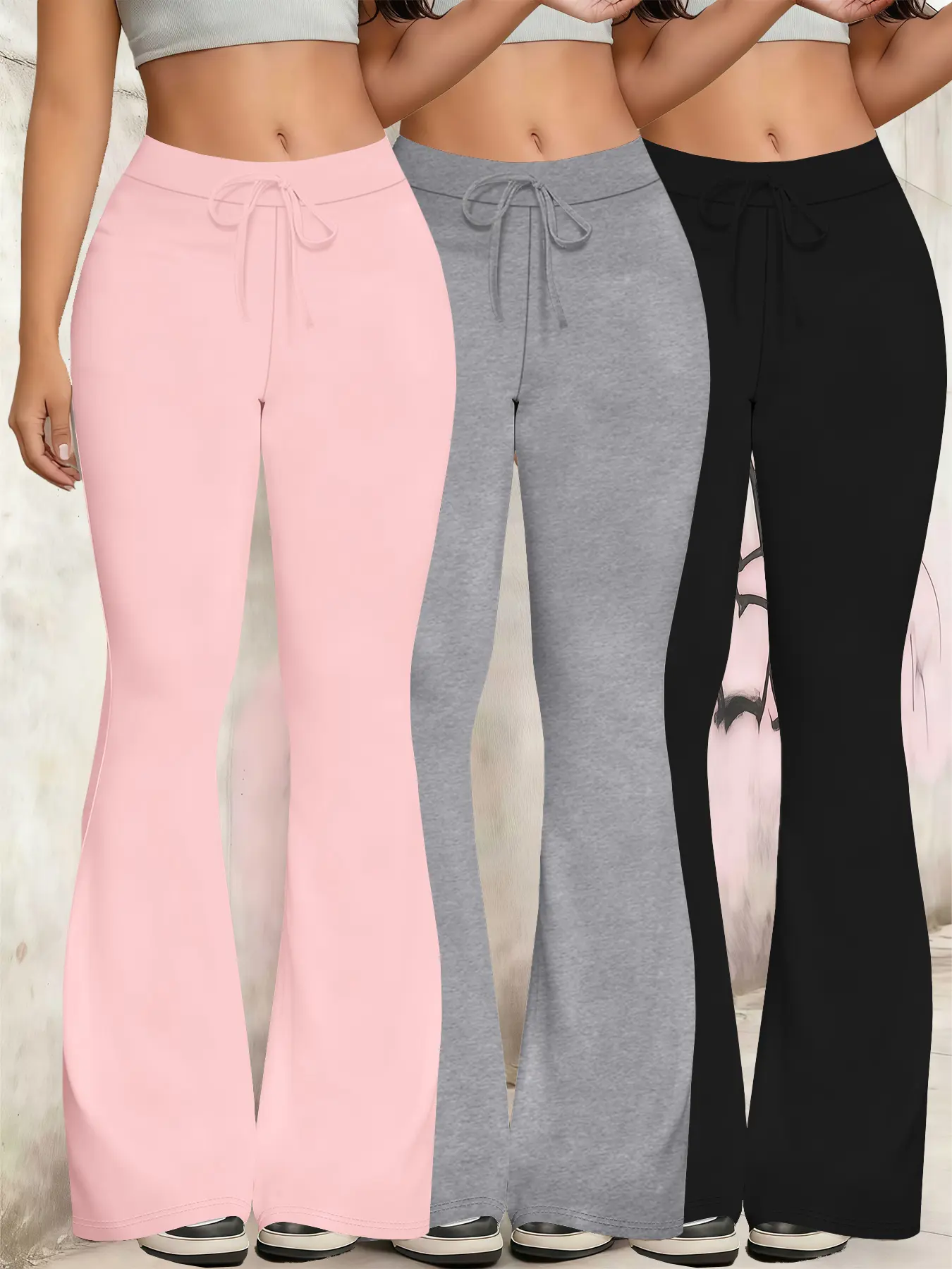 3-Pack Fashionable Women's High-Waisted Drawstring Flared Yoga Bottoms Activewear Pants Set, American Hot Girl Style Flare Sweatpants/Fitness Flare Pant Girl Style Women's Set Suitable for Daily Casual Wear