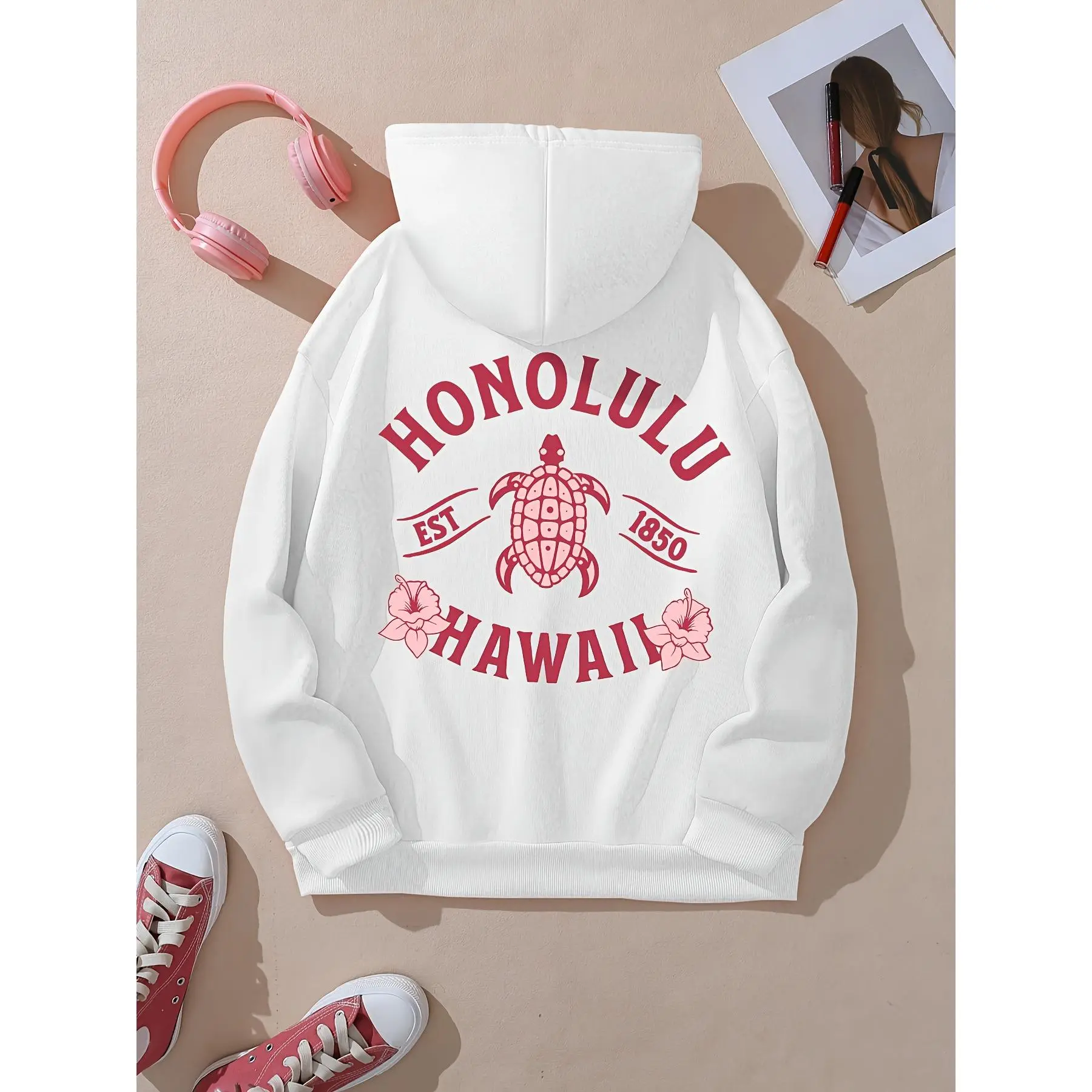 Honolulu Hawail Turtle Letter Print Hoodie, Drawstring Casual Hooded Sweatshirt for Winter & Fall, Women's Clothing