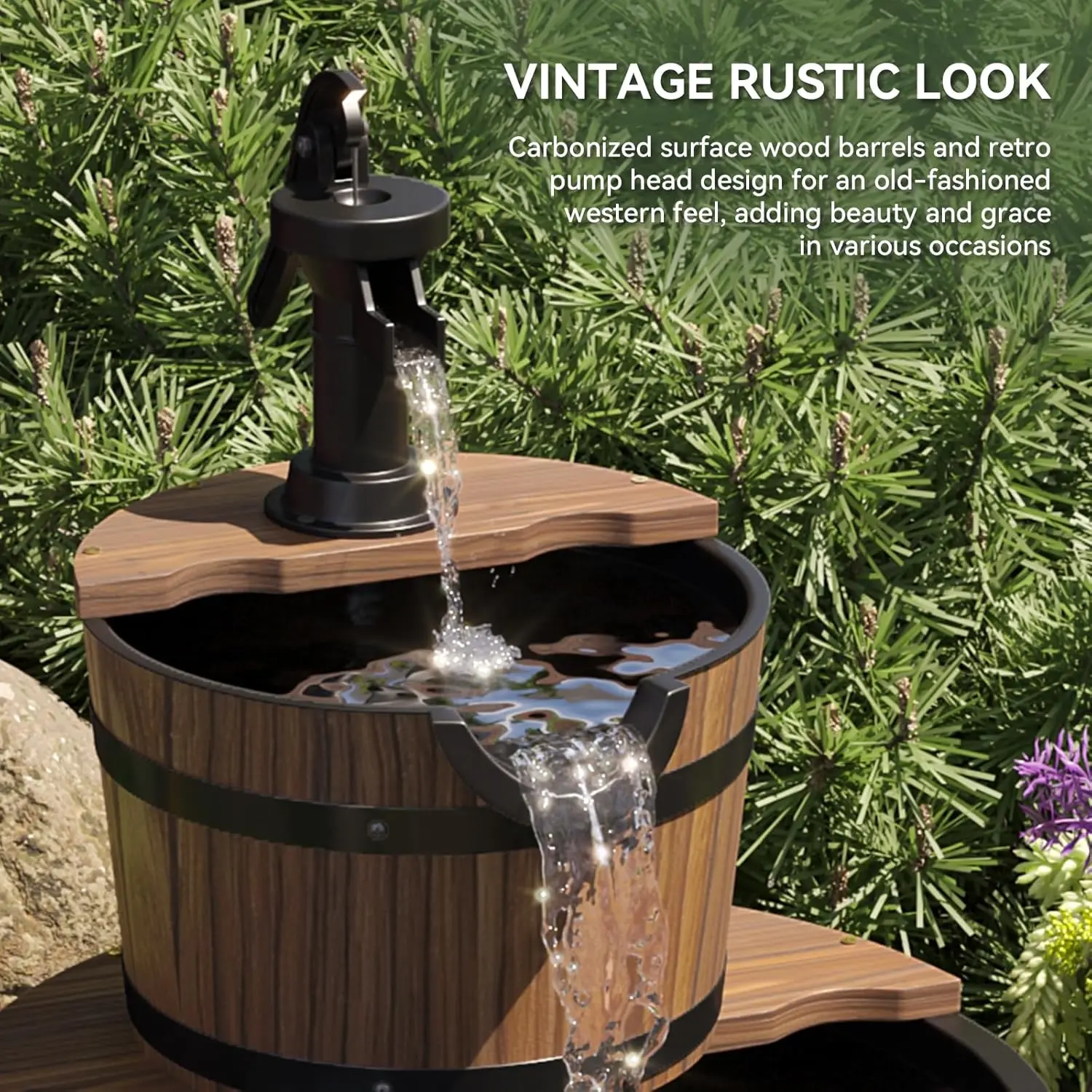 Aoxun 2-Tiered Outdoor Barrel Shape Garden Water Fountain, Cascading Water Feature with Built-In Pump, Weatherproof Finish, 44x44x58cm, Two-Tiered