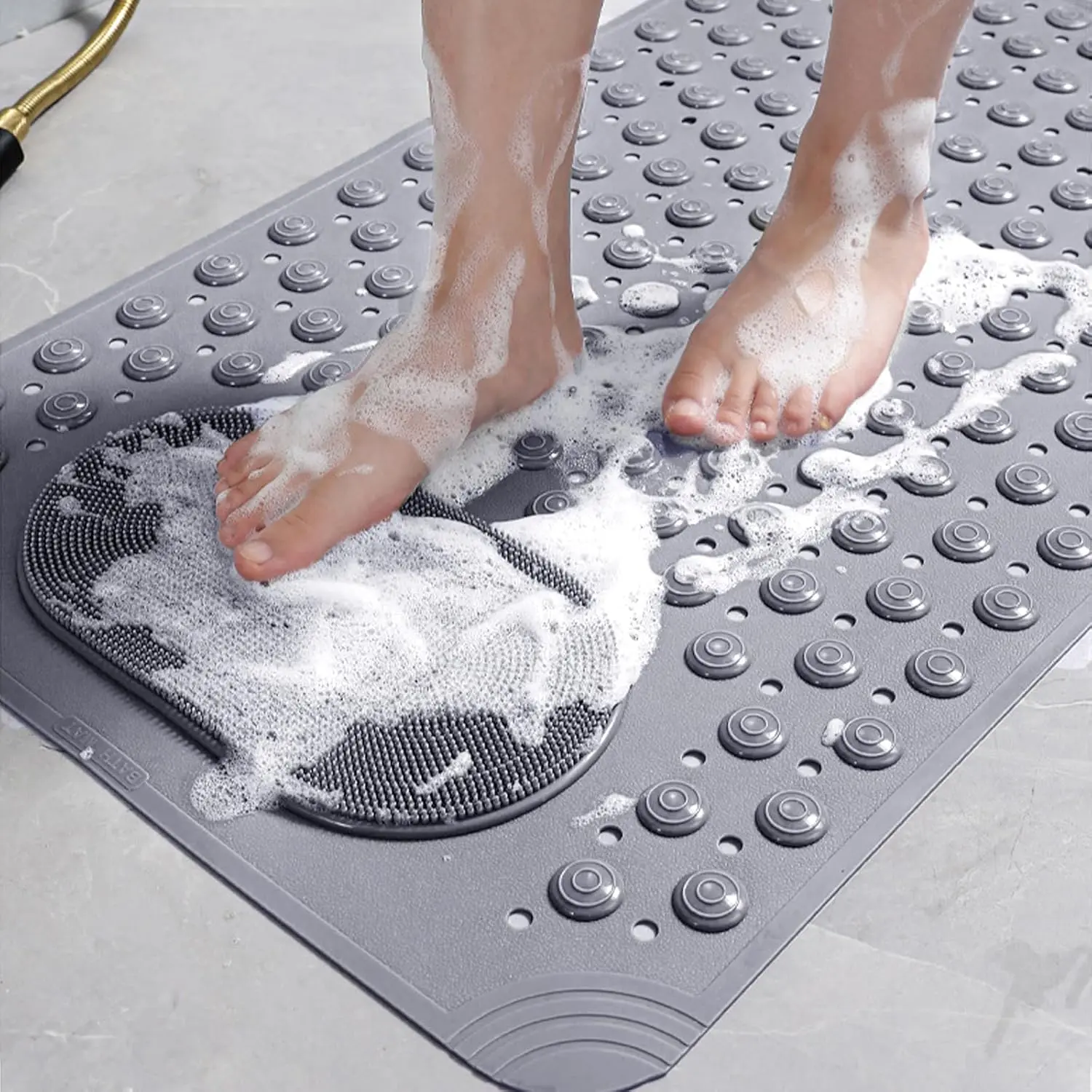Bathtub Mat Non Slip, Shower Foot Scrubber Mat, Long Bath Mat for Tub Non Slip with Suction Cups Drain Holes, Shower Mat with Foot Scrubber