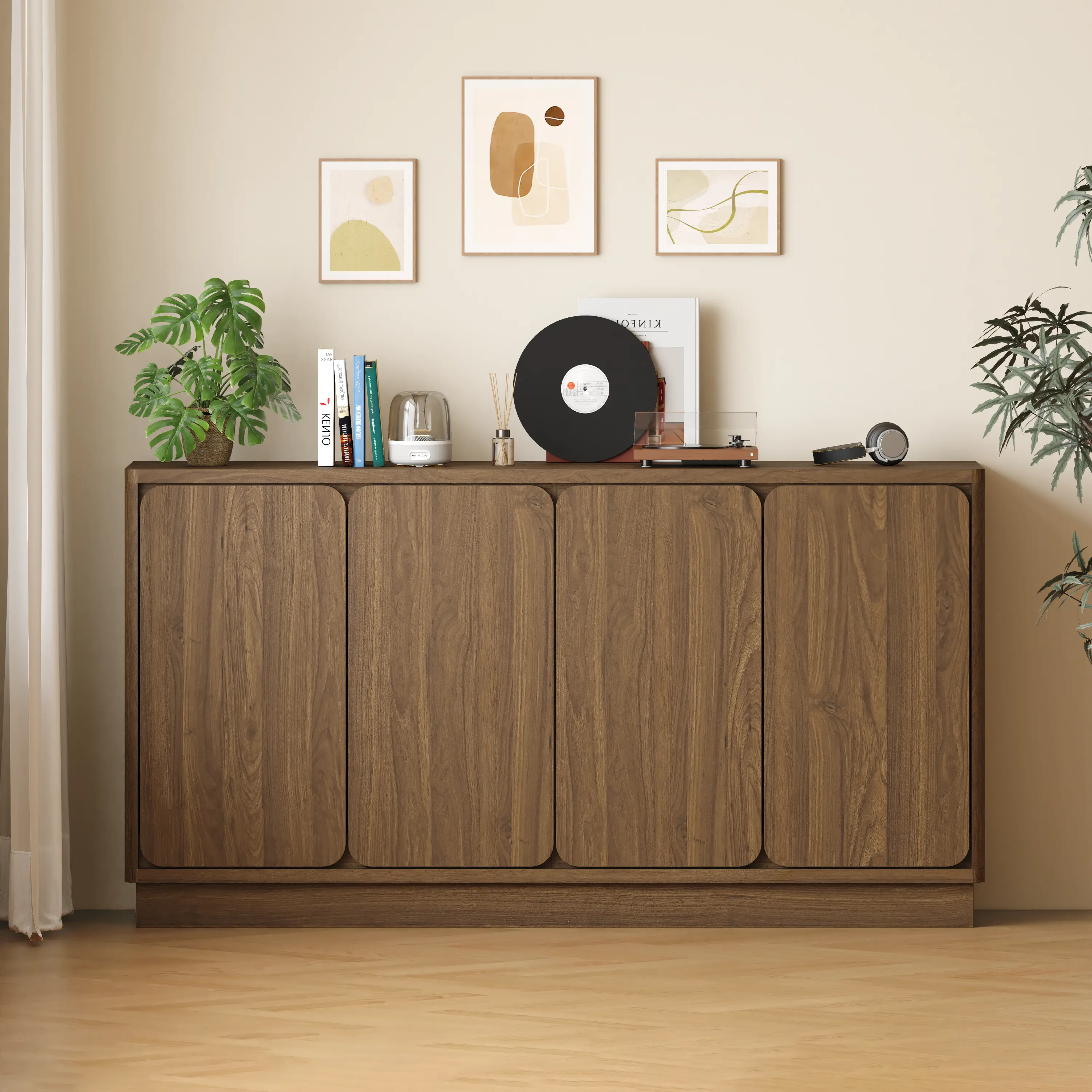 Nokaa 59.1 Inch Walnut 4-Door Sideboard Buffet Cabinet, Particle Board Storage Credenza with Adjustable Shelves, Wide Console Storage Cupboard for Dining Room, Kitchen, Living Room & Entryway