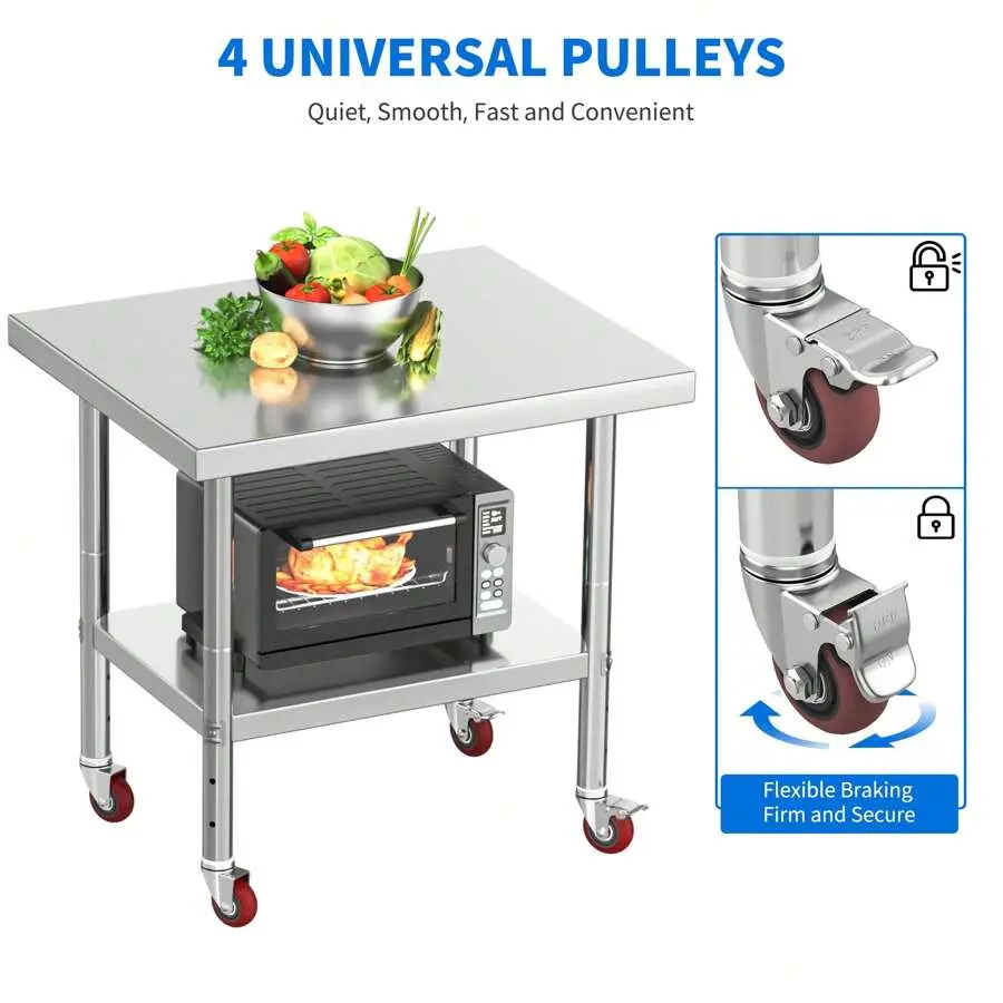 Stainless Steel Table With 2 Tier & Wheels