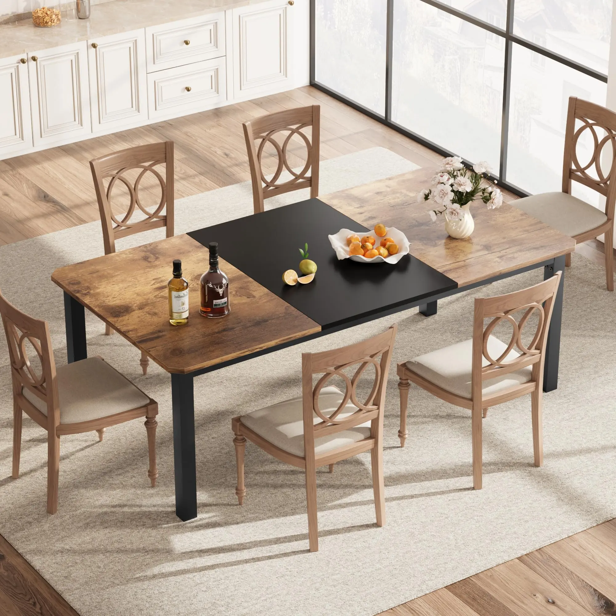 GARVEEIndustrial Dining Table For 6~8 People, 78.7" Long Kitchen Table, Wood Dining Table, Kitchen & Dining Room Table, Rectangle Dining Room Table For 6 Ideal For Dinner Or Meeting-Black & Brown