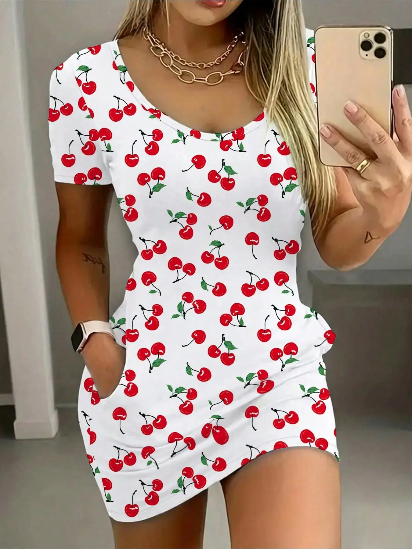 Women Cute Cherry Fruit Print U Neck Pocket Bodycon Mini Dress, Summer, Quick-Dry Cooling Stretch Fabric, Perfect for Beach & City Nights