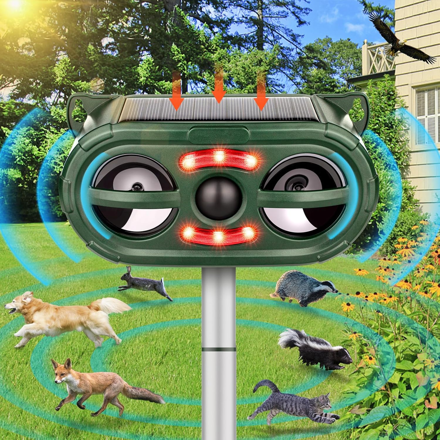 Solar-Powered Animal Repeller, Deer Repellent Devices, Waterproof Ultrasonic Pest Repellent for Outdoor Farm and Orchard Use