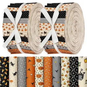 40Pcs Halloween Theme Fabric Strips Precut Quilting Strips 2.48x19.7 Inch Spooky Patterns Cotton Fabric Rolls for Festive DIY Sewing and Doll Costumes