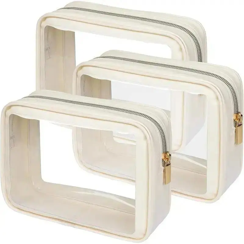 3 Pack, Clear Toiletry Bag, Color-edged Pouch,  Spacious Storage, For Travel, Car Console & Daily Organization, Beige