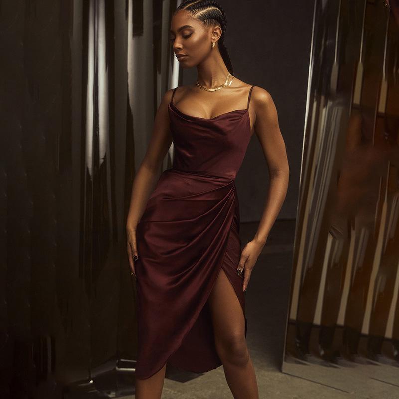 Satin Cowl Neck Midi Dress, Spaghetti Strap Ruched Bodycon Slit Dress, Elegant Cocktail Party Wedding Guest Dress for Women, Y2K Fashion Streetwear