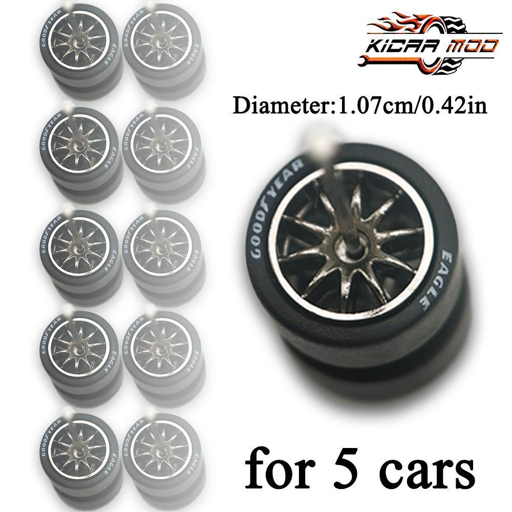 1/64 Wheels with Detachable Rubber Tires Ten Spokes 10.7mm for Model Cars Refiting Parts for Hotwheels (5 sets for 5 Cars)