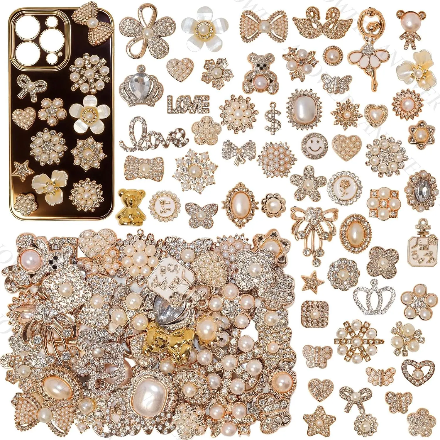 60Pcs White Gold Junk Case Charms, 3D Flatback Charms Crafts for Phone DIY |   3D bow, flower, crown, heart, butterfly, bear shapes, for phone case scrapbooking making, Kawaii decoden craft supplies
