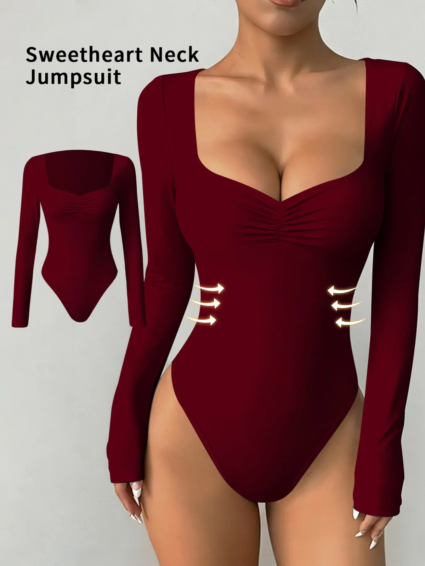 Women's Sexy Fitted Long Sleeve Romper, Soft Skin-Friendly Square Neck Pleated Romper, Comfortable and Stylish One-Piece Bodysuits