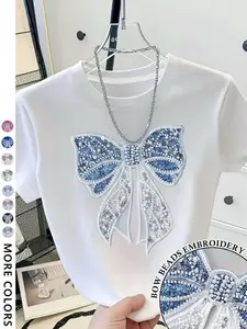 Women's Embroidered Bowknot Round Neck T-Shirt, Loose Short Sleeve, Soft Knitwear, Casual All Seasons, Street Style, Geometric Pattern