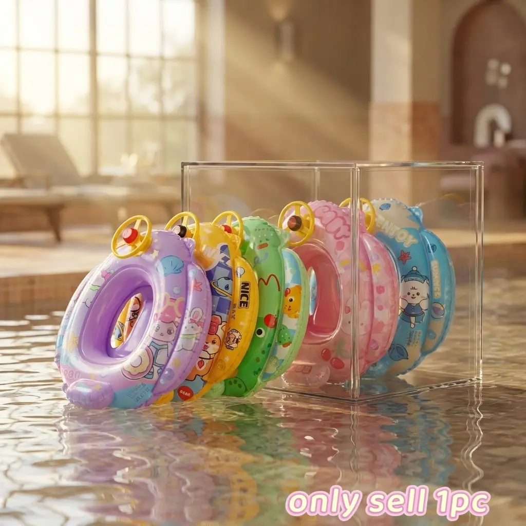 Kids Cartoon Steering Wheel Swim Ring, Leak-Proof Dual Valve, Thickened Safety Float, Comfortable Sponge Bottom, Suitable for Babies Under 55lbs