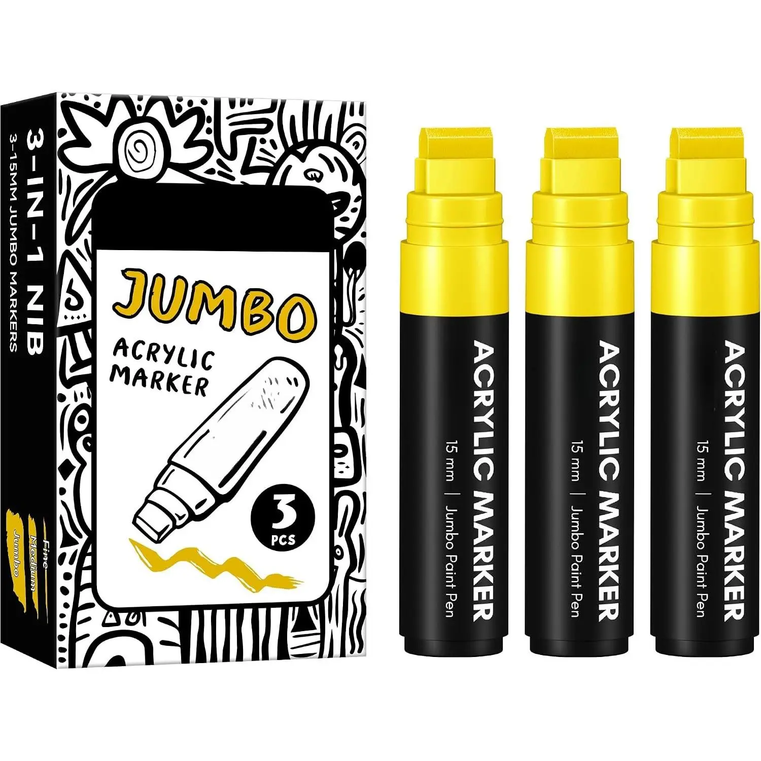 3 Permanent Markers, 15mm Thick Wide Tip, Multi-Surface Quick Dry Ink Smooth Flow Office Stationery for Rock Art, Poster, Canvas