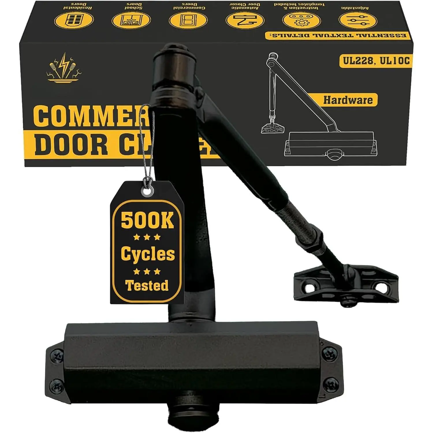 TS1000 Automatic Door Closer with Regular Arm – UL Certified Medium-Duty Hydraulic Closer, Adjustable Size, ADA Compliant, Fits 80–150 lb Doors, Indoor/Outdoor (Black)