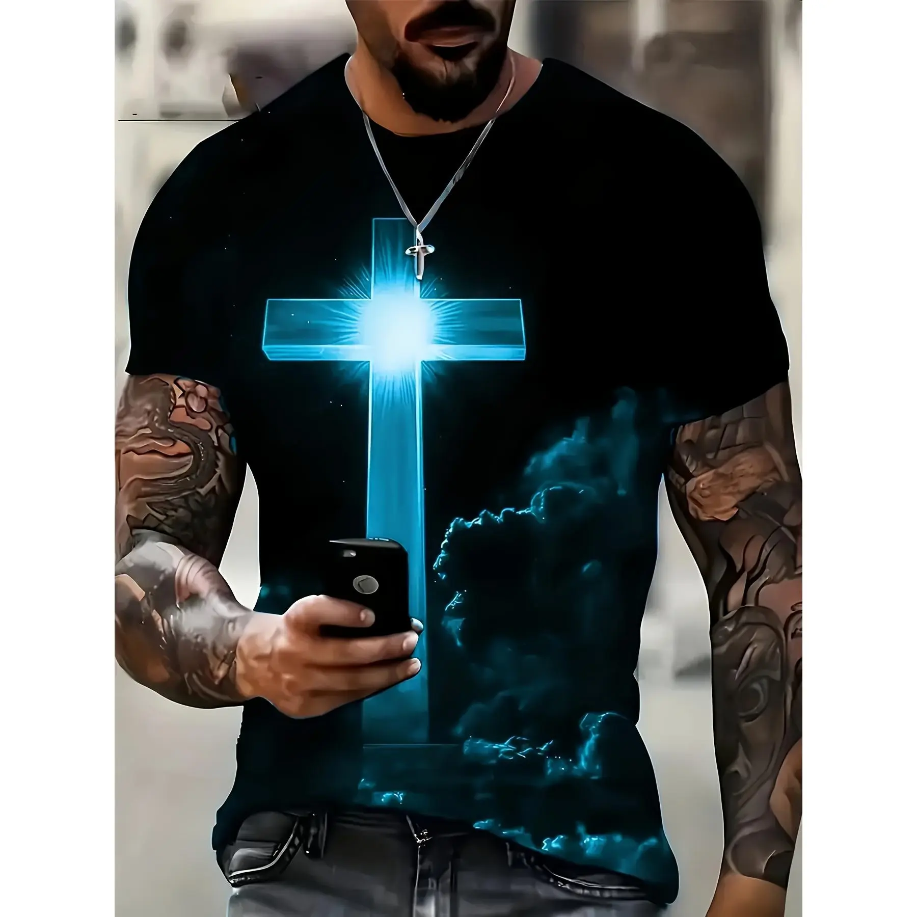 Vintage Men'S T Shirts 3D Printed Cross T-Shirts Summer Short Sleeve Tops Casual Streetwear Oversized Tee Shirt Men Blue Clothes