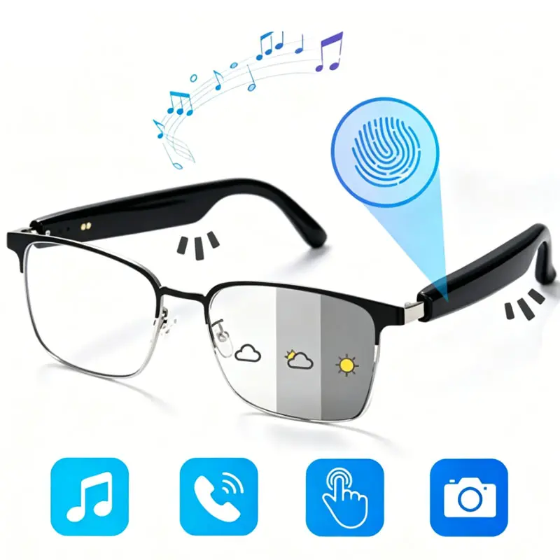 Smart Bluetooth Glasses, Wearable Tech Glasses, Multifocus Photochromic Smart Audio Glasses for Men Women, Open-Ear Music Blue Light Filtering Eyeglasses, UV-Responsive Lens Glasses Suitable for Indoor and Outdoor Use