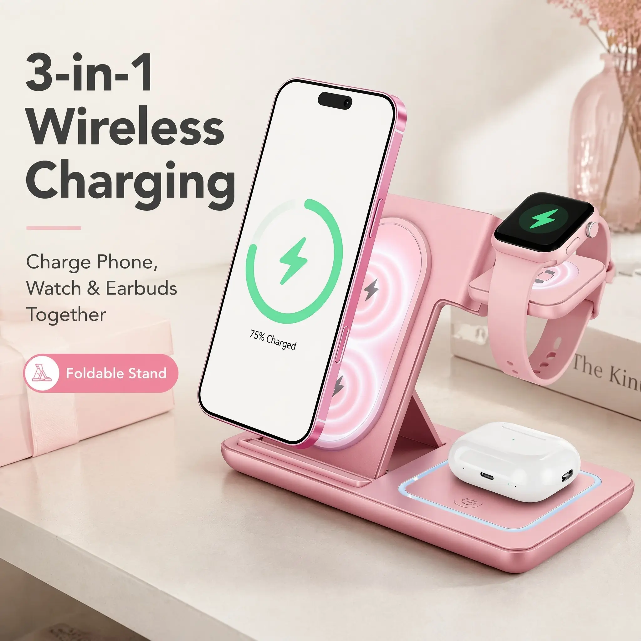 Foldable 3-in-1 Wireless Fast Charging Station with LED Indicator, 15W Mobile Multi-Device Pad for iPhone, Apple Watch, AirPods, Desktop Nightstand Organizer, Home Travel Essential