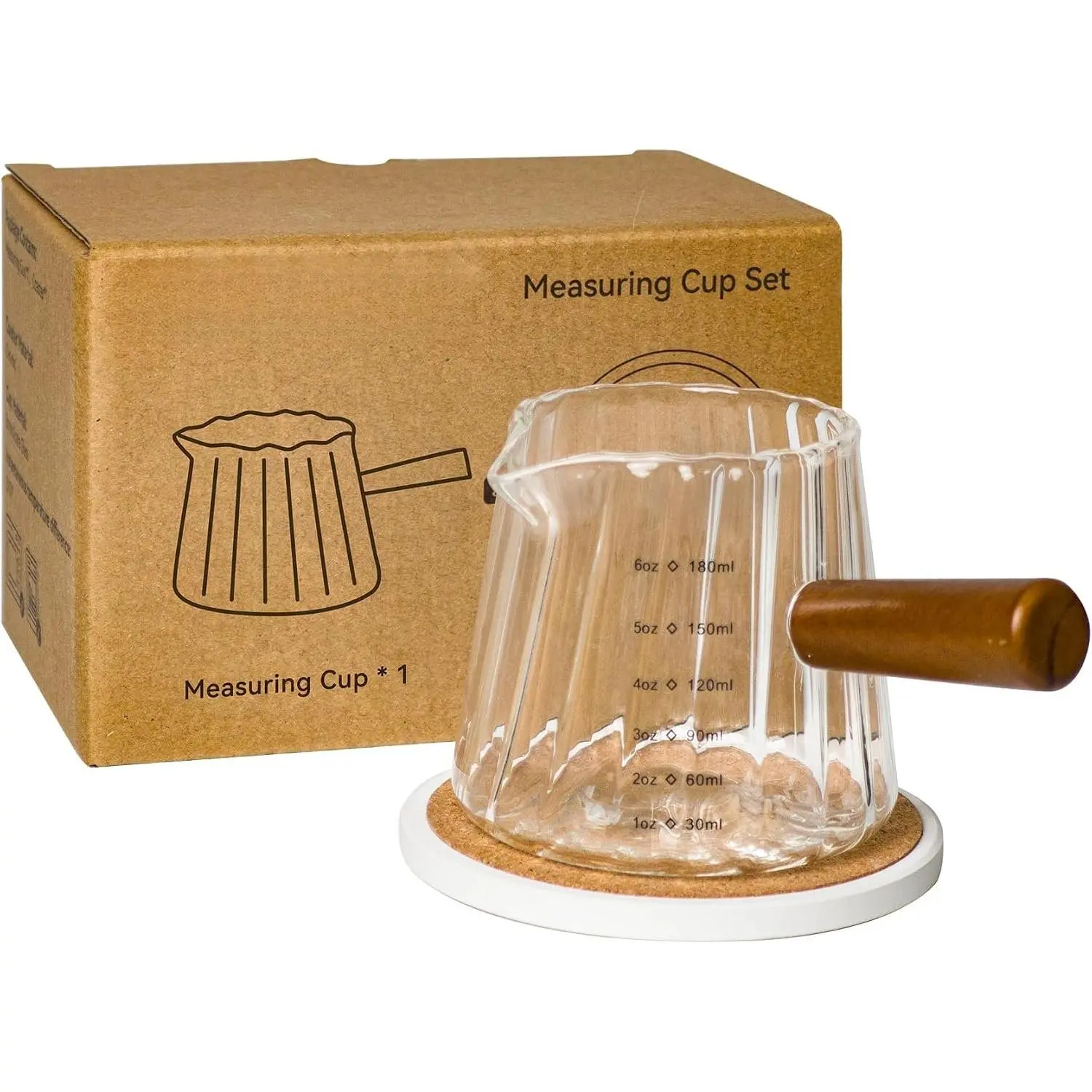 Glass Measuring Cup 6OZ, Espresso Accessories, Expresso Shots Cup, Espresso Shot Glass with V-Shaped Mouth, Ribbed Milk Frothing Pitcher, coffee Espresso Cup(Wooden Handle)