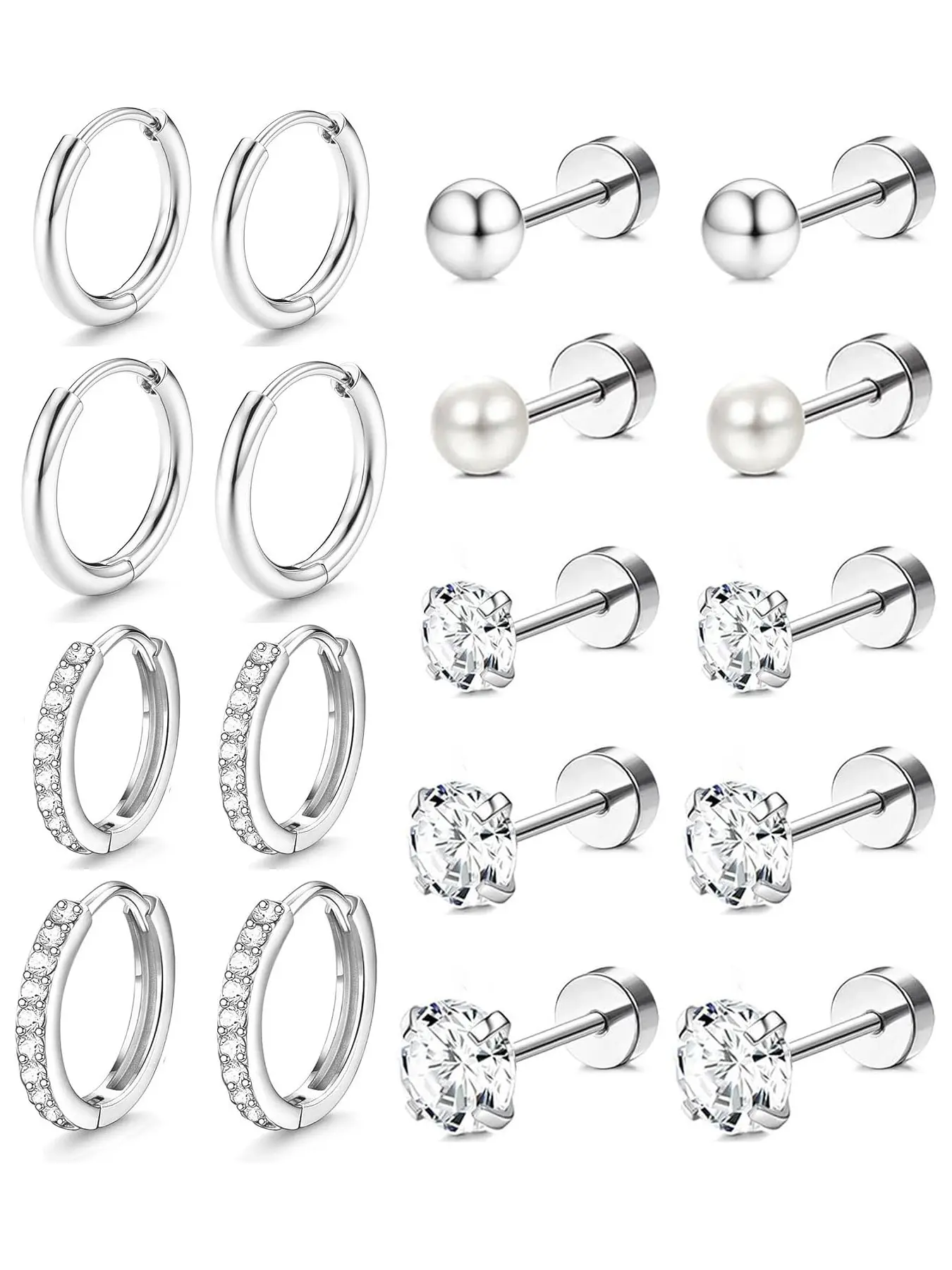 18-Piece Set Women's Hypoallergenic Flat Back Earrings, Silver Color Stainless Steel, Zircon Ear Cuffs, Suitable for Multiple Piercings & Sensitive Ears