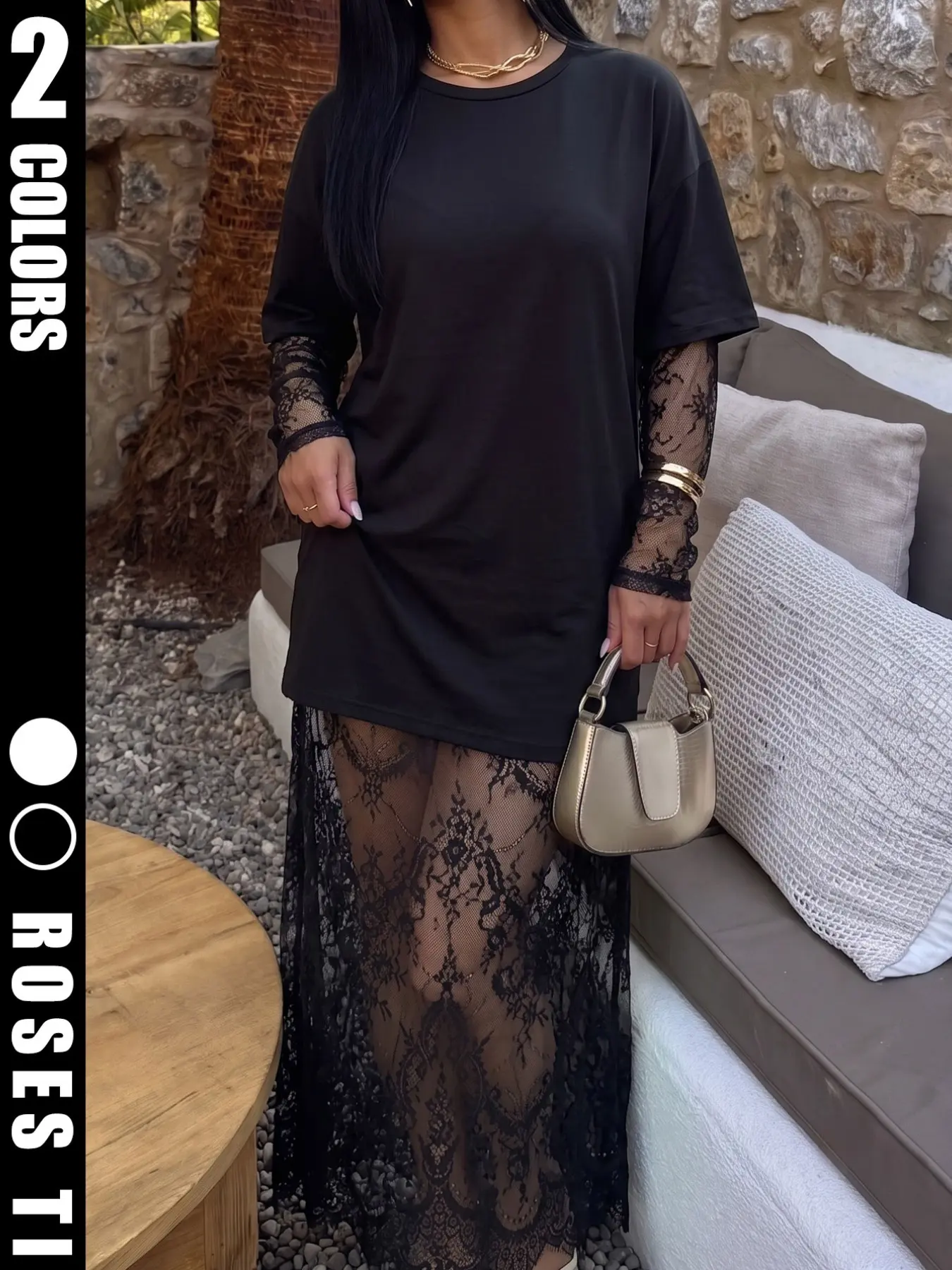 Sheer Lace Two-Piece Dress, Elegant Loose Fit Tee with Lace Skirt and Long Sleeves, Casual Solid Pattern Dress