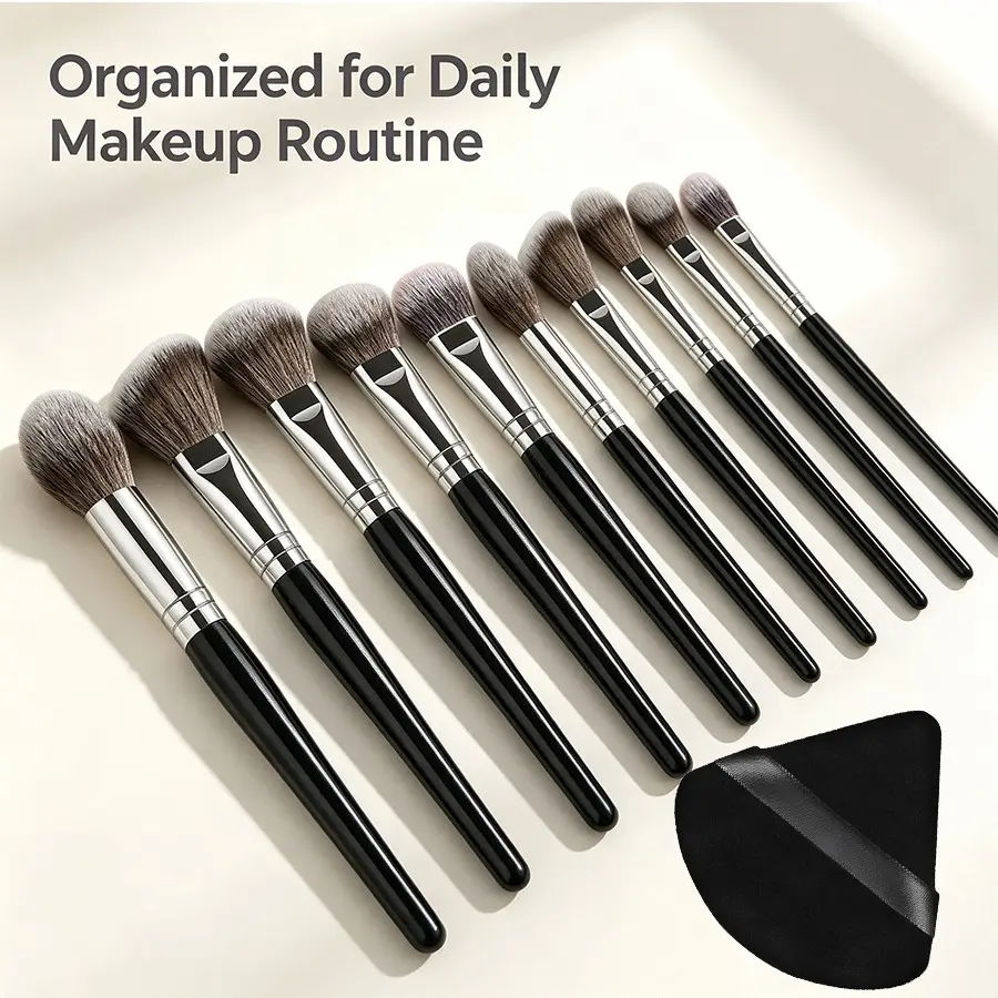 11-Piece Professional Makeup Brush Set, Includes Triangle Sponge, Soft Synthetic Bristles, Foundation, Blush, Eyeshadow, Concealer Brushes, Beginner Friendly