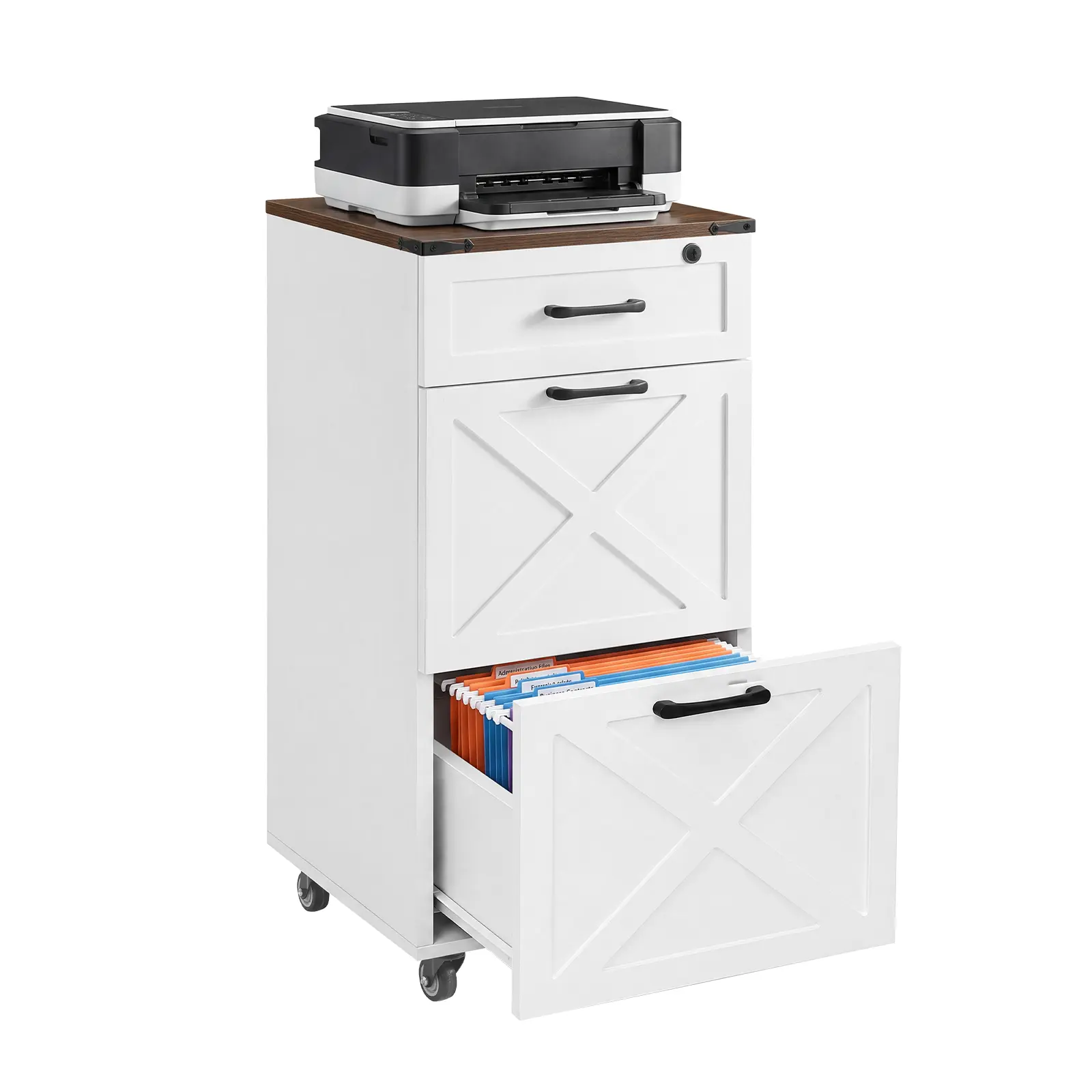 Nokaa 3-Drawer Mobile File Cabinet with Wheels, White MDF Rolling Printer Stand for Home Office, Lockable Top Drawer, Letter/A4 Hanging File Organizer, Under Desk Storage Cabinet, Classic Style