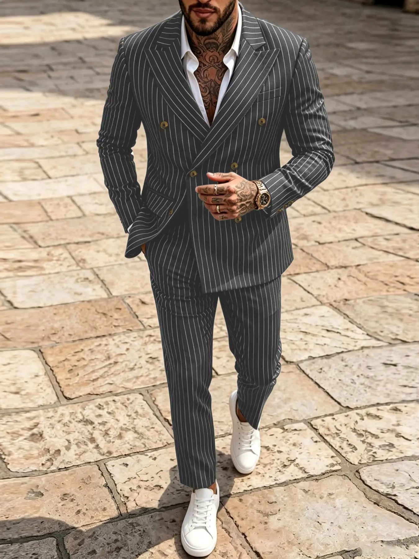 Men's Two-Piece Suit Set, Vertical Fine Stripes Double Button Blazer and Pants, Long Sleeve, Slim Fit, Business Wear, All Seasons, Formal, Classic