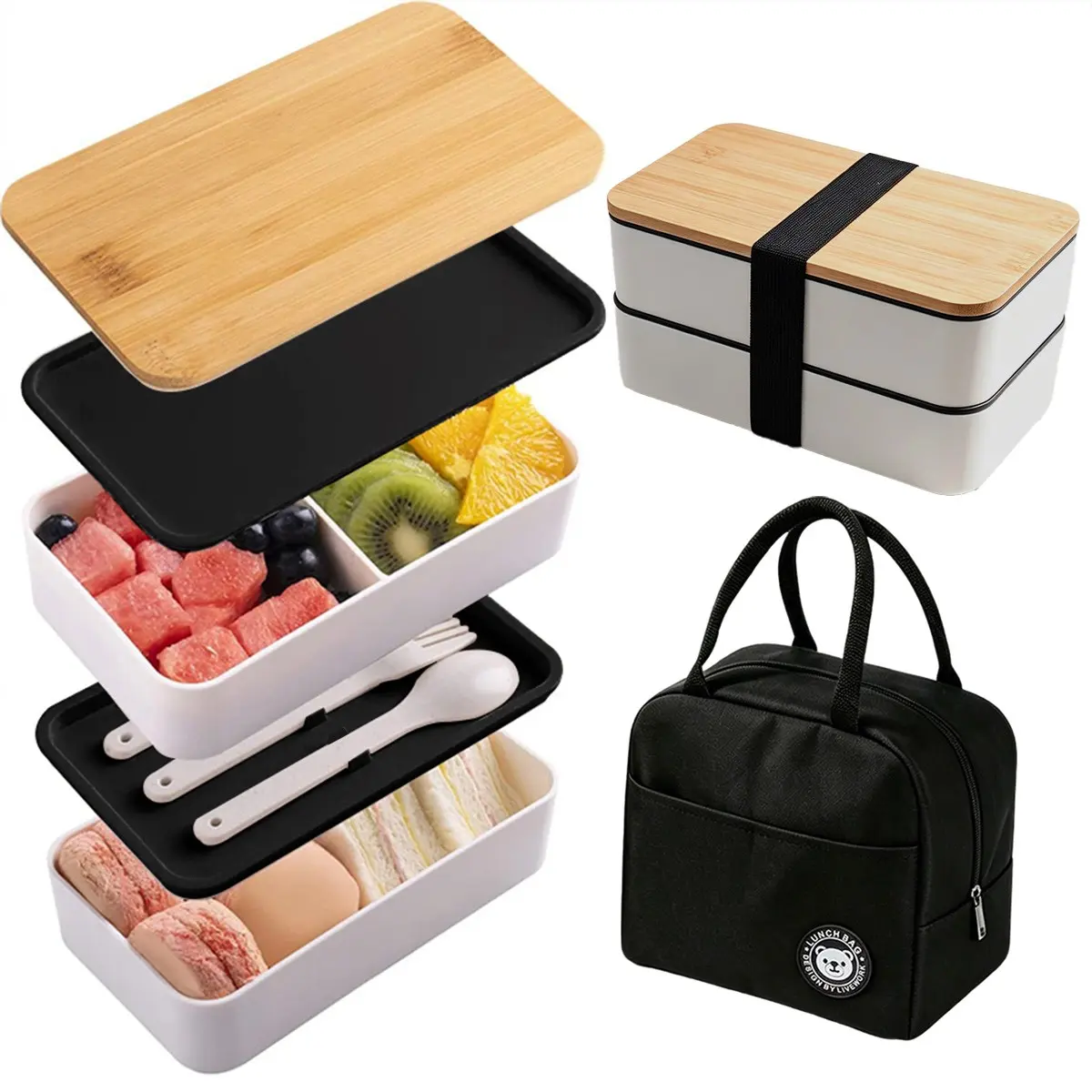 2-Tier/3-Tier Compartment Bento Box Set, Black and White Contrast Colors, Minimalist Japanese Bento Box, Reusable, Microwave Safe, Independent Compartments, to Clean, Cutlery Included. Suitable for Office, School, Outdoor and Other Scenarios.