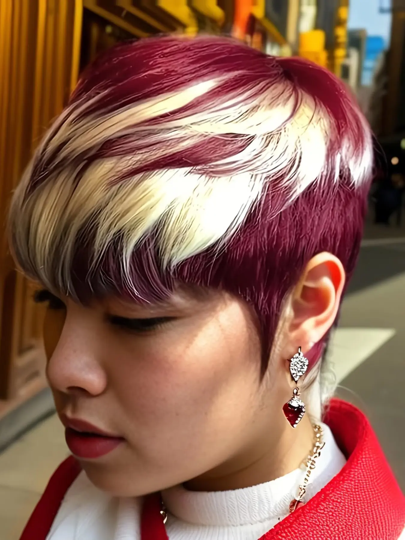 Short Pixie Cut Wig with Burgundy & Blonde Highlights (99j/613) Straight Hair Rose Net for Instant Volume Daily Wear Wig