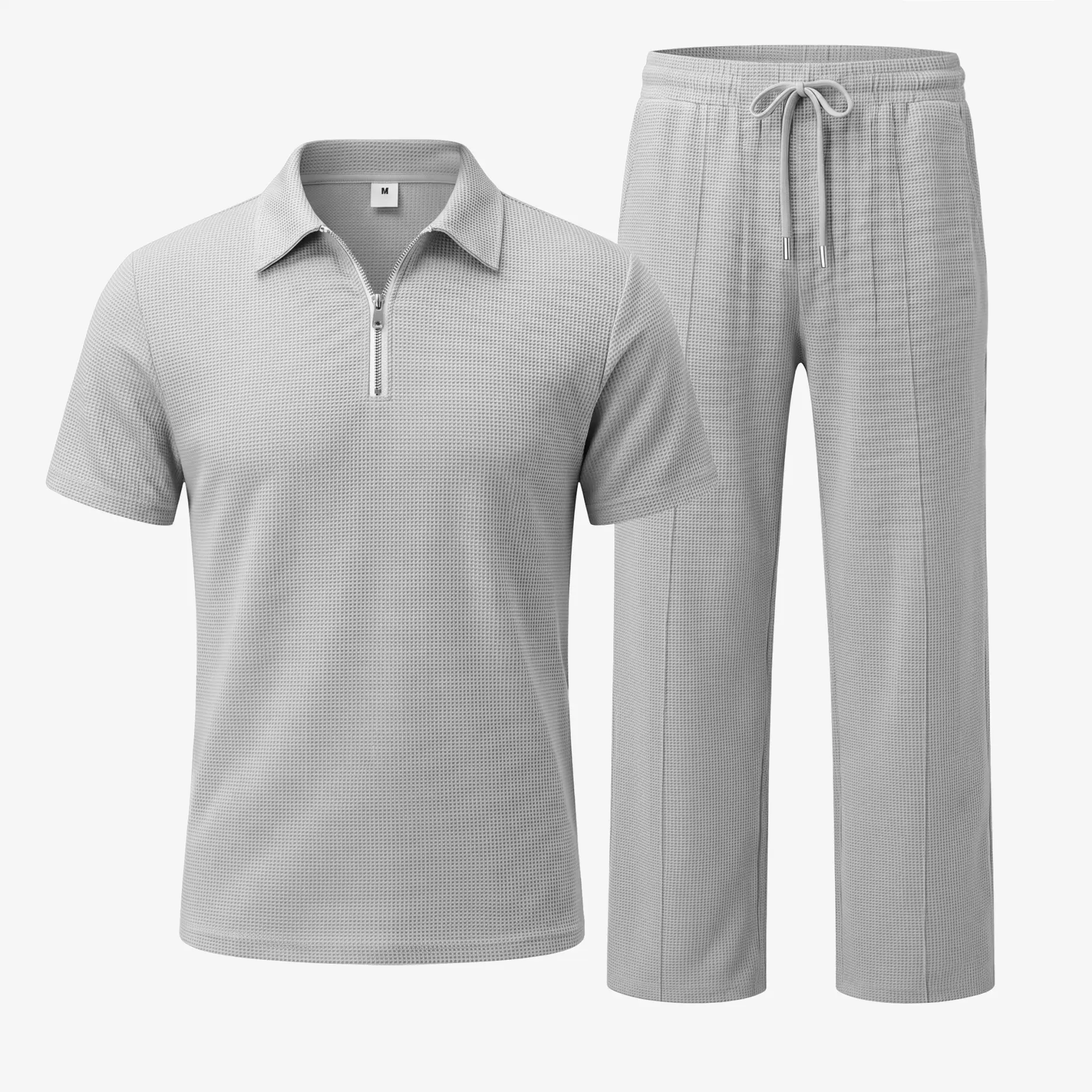 Men’s Waffle Knit Zip Collar Polo Shirt and Pants Set, Short Sleeve Textured Polo Top with Matching Drawstring Trousers, Casual Two Piece Outfit
