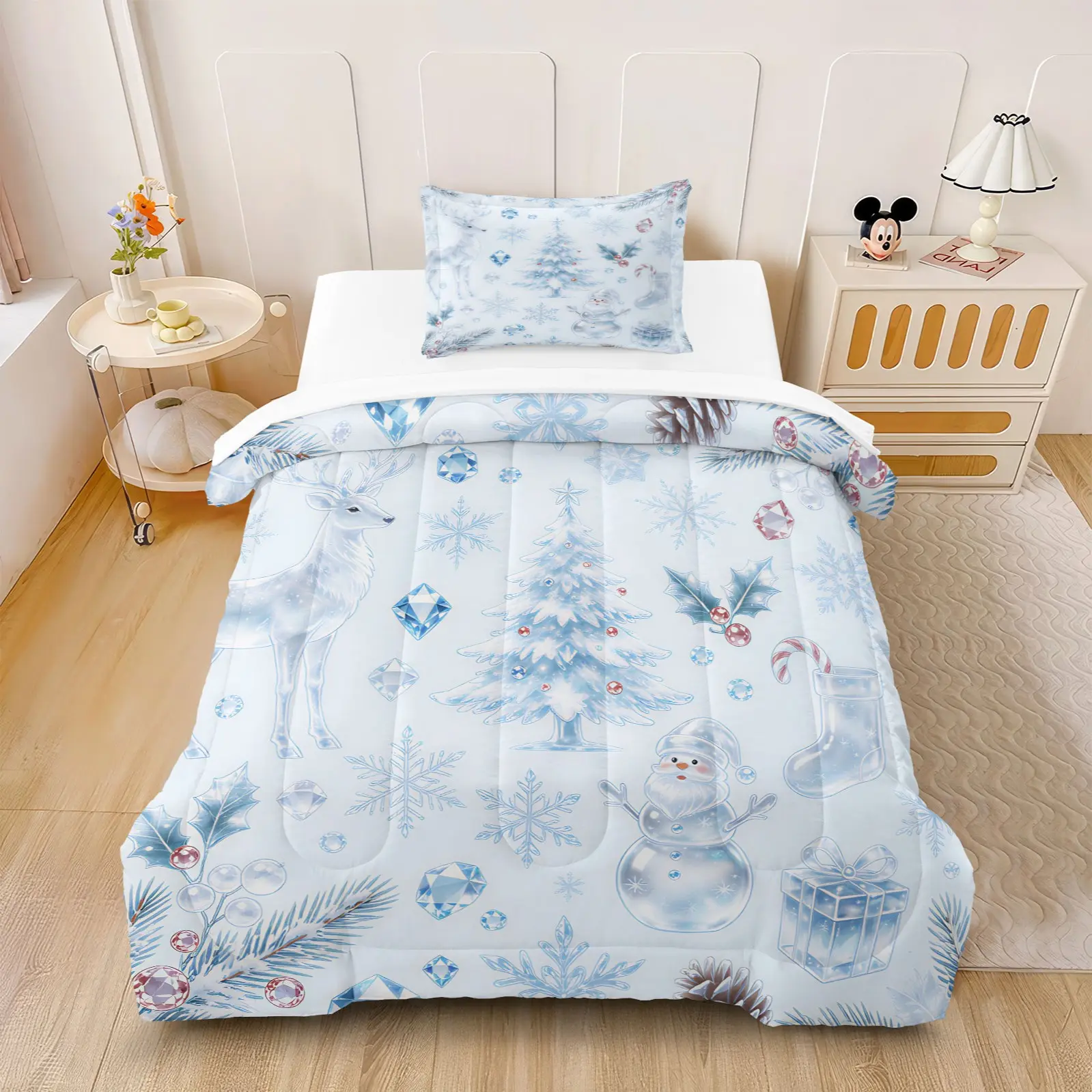2/3Pcs Christmas Comforter Set, Winter Cartoon Holiday Print, Soft All Season Quilt With Filling No Pillow Insert