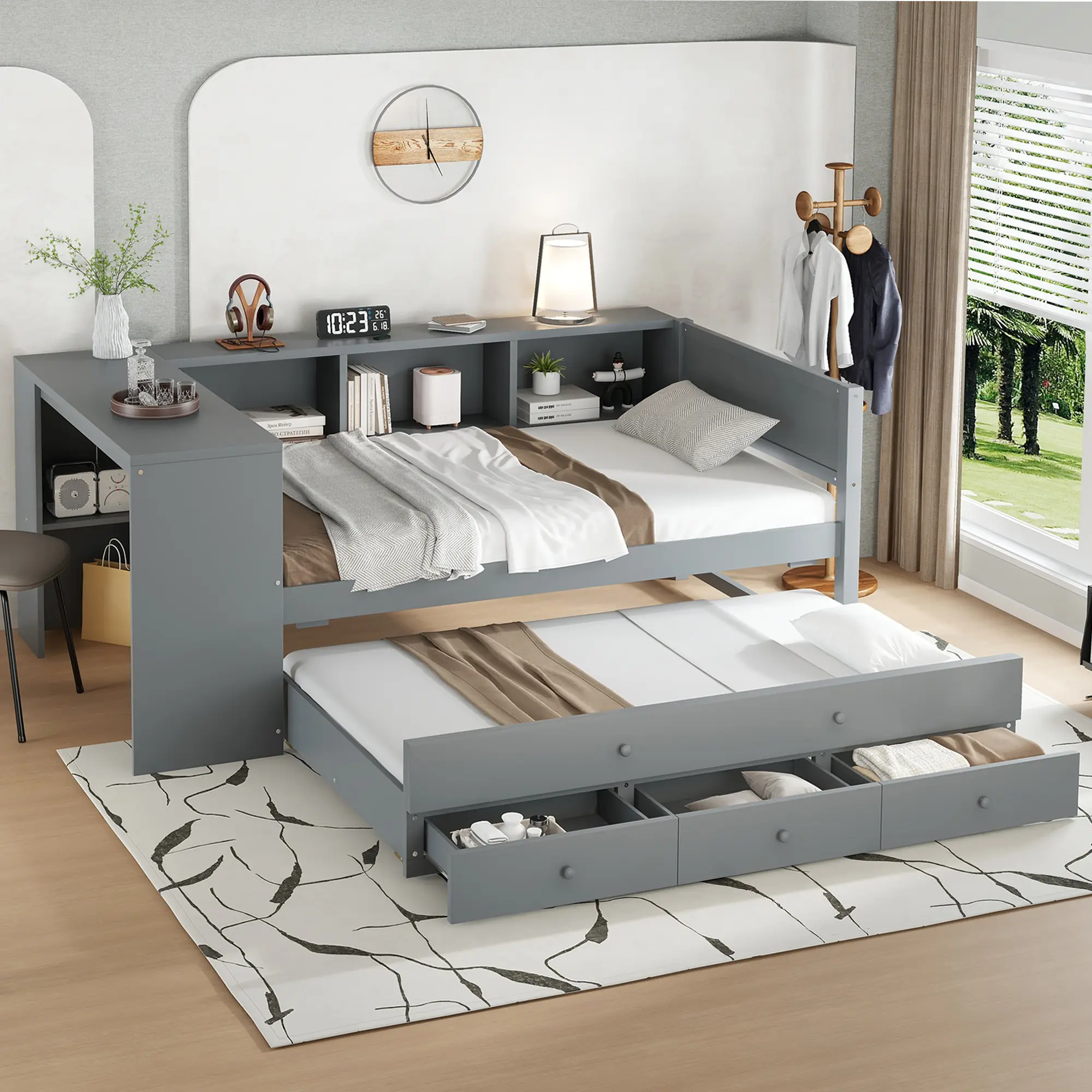 ARCH Twin Size Daybed with Trundle, Wood Day Bed Frame with Storage Drawers and Side Shelves, Daybed with Desk, No Box Spring Needed, Gray, for Bedroom, Guest Room, Kids Room, Space-Saving Furniture, Bedroom Furniture for Bedroom, Guest Room