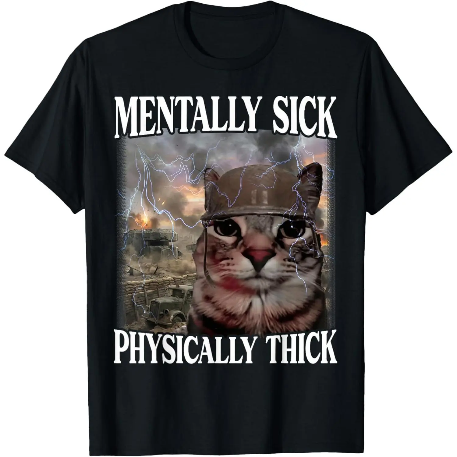 Graphic T-Shirt - "Mentally Sick Physically Thick" Funny Cat Meme, Fabric, Menswear, Round Neck, Relaxed Fit, Shortsleeve, Breathable, Casual, Tops, Classic